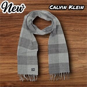 New NWT Calvin Klein Dotted Plaid Fringe Trim Scart Heroic Grey Heather